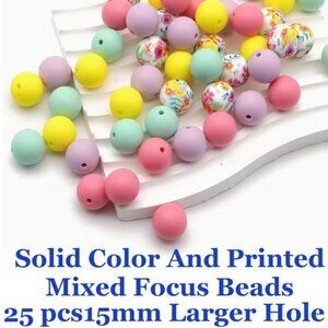 Solid Color And Printed Mixed Focus Beads.  Silicone 15mm , 25 Beads. For Pens.
